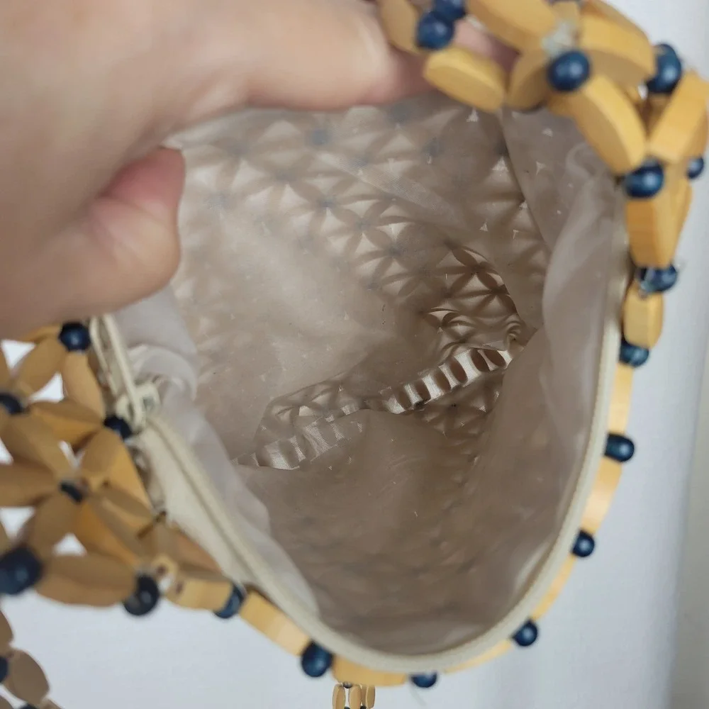 Wooden Bead Flower Purse Blue Tan Boho Crossbody Handbag